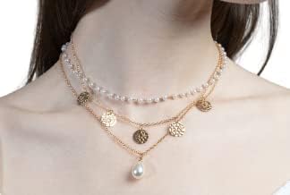 Multi-layered Necklace with Pendant,Gold Layered, Alloy Necklace Round Pearl Necklace Statement Women’s Jewelry Pearl Jewelry Gifts for Women – 14"+2"