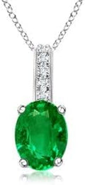 Angara Natural Oval Emerald Solitaire Pendant with Diamond Bale in Silver / 14K Solid Gold/Platinum With 18" Chain | May Birthstone, Birthday, Engagement, Anniversary, Wedding Jewelry Gift for Women