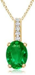 Angara Natural Oval Emerald Solitaire Pendant with Diamond Bale in Silver / 14K Solid Gold/Platinum With 18" Chain | May Birthstone, Birthday, Engagement, Anniversary, Wedding Jewelry Gift for Women