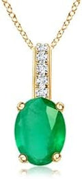 Angara Natural Oval Emerald Solitaire Pendant with Diamond Bale in Silver / 14K Solid Gold/Platinum With 18" Chain | May Birthstone, Birthday, Engagement, Anniversary, Wedding Jewelry Gift for Women