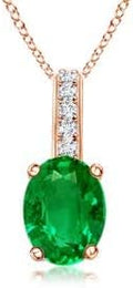 Angara Natural Oval Emerald Solitaire Pendant with Diamond Bale in Silver / 14K Solid Gold/Platinum With 18" Chain | May Birthstone, Birthday, Engagement, Anniversary, Wedding Jewelry Gift for Women