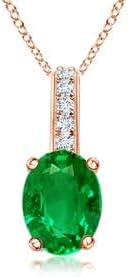 Angara Natural Oval Emerald Solitaire Pendant with Diamond Bale in Silver / 14K Solid Gold/Platinum With 18" Chain | May Birthstone, Birthday, Engagement, Anniversary, Wedding Jewelry Gift for Women