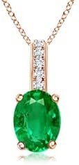 Angara Natural Oval Emerald Solitaire Pendant with Diamond Bale in Silver / 14K Solid Gold/Platinum With 18" Chain | May Birthstone, Birthday, Engagement, Anniversary, Wedding Jewelry Gift for Women