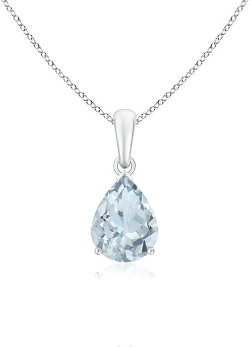 Angara Natural Aquamarine Solitaire Pendant for Women | Pear-Shaped Aquamarine Solitaire Pendant in 14K Solid Gold/Silver/Platinum With 18" Chain | March Birthday, Gemstone Jewelry Gift