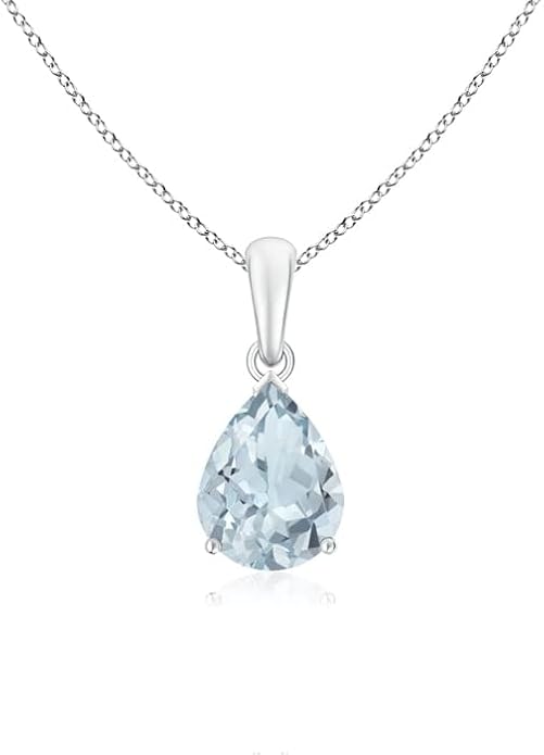 Angara Natural Aquamarine Solitaire Pendant for Women | Pear-Shaped Aquamarine Solitaire Pendant in 14K Solid Gold/Silver/Platinum With 18" Chain | March Birthday, Gemstone Jewelry Gift