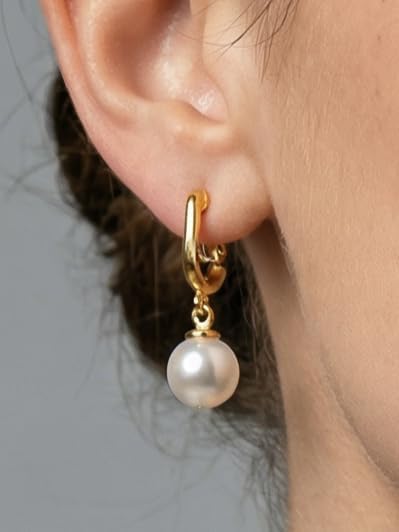 FAN&LOUIS Pearl Clip On Earrings for Women，24K Gold Plated Hypoallergenic Pearl Dangle Drop Women's Non-Pierced Painless Clip-On Earrings