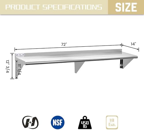 Hally Stainless Steel Shelf 14"x72" NSF Commercial Wall Mount Rack Shelving - Image 3