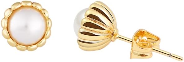 Brass Simulated Pearl Flower Stud Earrings