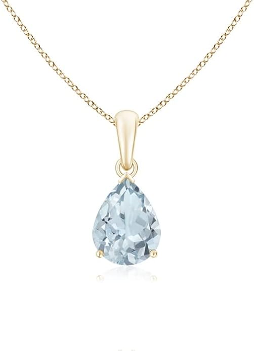 Angara Natural Aquamarine Solitaire Pendant for Women | Pear-Shaped Aquamarine Solitaire Pendant in 14K Solid Gold/Silver/Platinum With 18" Chain | March Birthday, Gemstone Jewelry Gift
