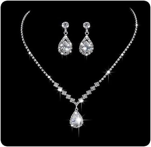 Silver Crystal Bridal Jewelry Set, Teardrop Dangle Earrings Rhinestone Necklace Bracelet for Bride Bridesmaid Crystal Bridal Wedding Party Jewelry Sets