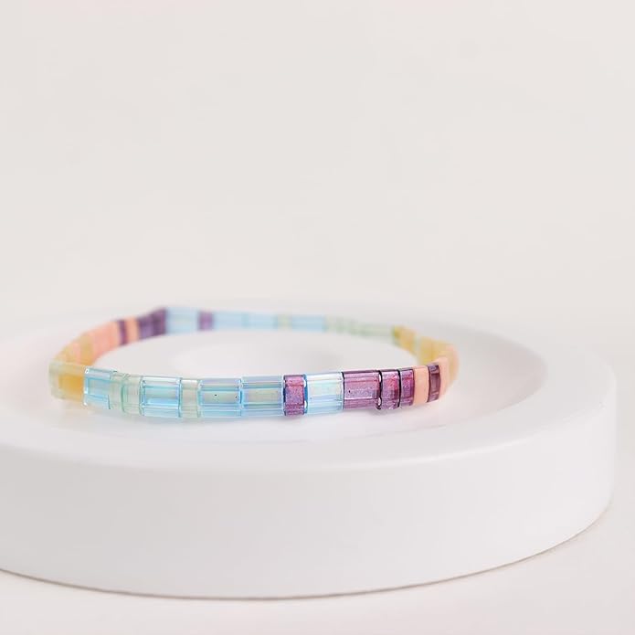 Sonateomber Tila Flat Beaded Stretch Bracelets for Women, Trendy Unique Colorful Square Beads Handmade Stack Bracelet Friendship Accessories Fashion Jewelry Gift