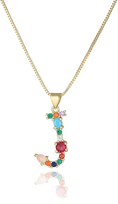 Eben-Ezer 18K Gold Box Chain Choker Initial Necklace Multi-Color Zircon Letter Pendant Script Name Custom Necklace for Women Gift Alphabet 26 A-Z