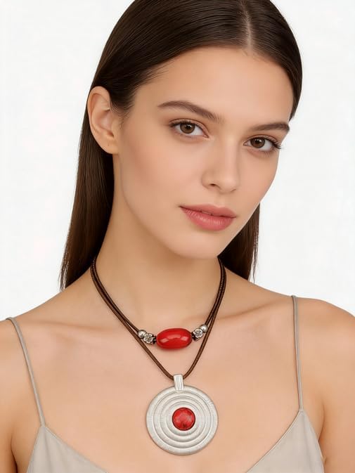 Boho Necklaces for Women Chunky Circle Necklace Layered Boho Circle Leather Choker Necklace Long Vintage Necklaces Bohemian Jewlery Gifts