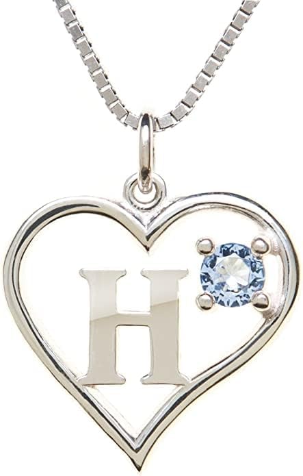 Silver Sterling Necklace Initial Letter A-Z Birthstone for Women – Personalized Custom Jewelry Pendant with Heart Design Customized Dainty Charm for Wife Girlfriend Mom – 18" Box Chain