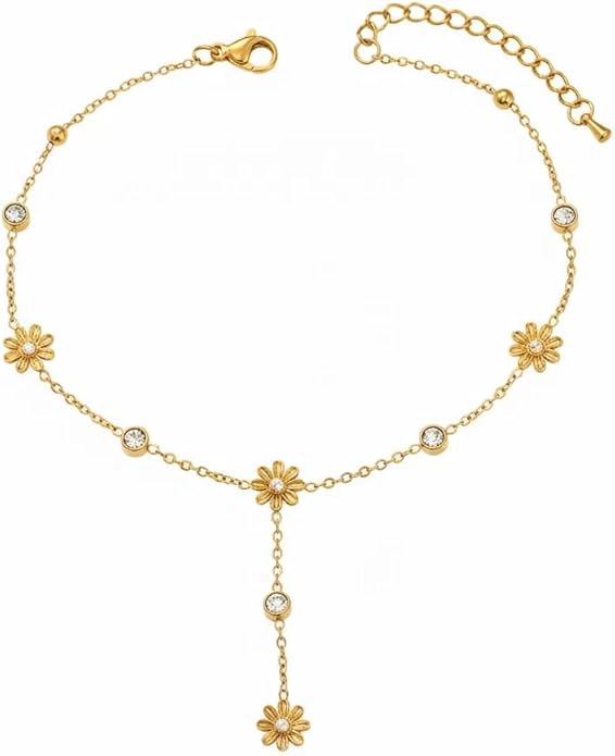 Anklets for Women Dainty CZ Ankle Bracelet 18K Gold Plated Waterproof Boho Dot Star Moon Daisy Ocean Beaded Anklet Trendy Foot Jewelry