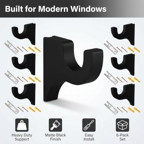 6 Pack Black Curtain Hooks for Wall, Wooden Shower Rod Holder - Image 3