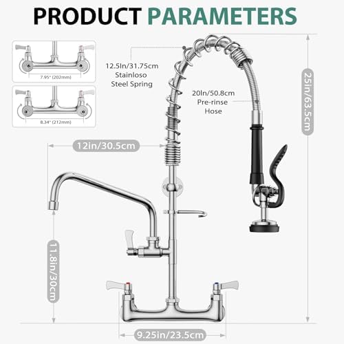Commercial Faucet with Pre-Rinse Sprayer, Hurran 8 Inch Center 25" Height Wall - Image 2