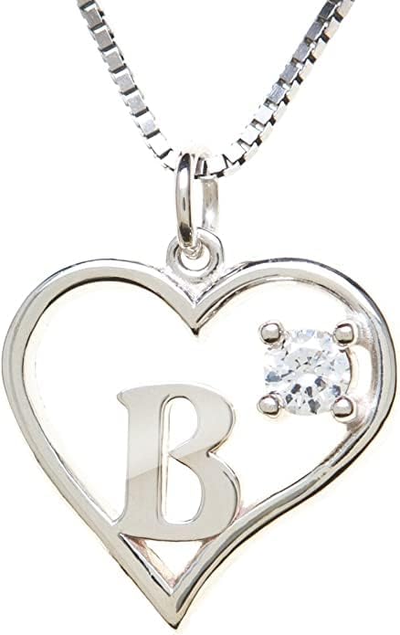 Silver Sterling Necklace Initial Letter A-Z Birthstone for Women – Personalized Custom Jewelry Pendant with Heart Design Customized Dainty Charm for Wife Girlfriend Mom – 18" Box Chain