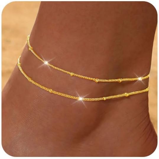 FUNEIA Gold Silver Ankle Bracelets for Women Waterproof 14K Gold Plated Anklets for Women Non Tarnish Dainty Layered Beaded Heart Anklet Set Summer Beach Foot Chain Jewelry Gifts Trendy Stuff
