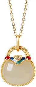 14K Gold Real Natural Jade Enamel Fortune Bag Necklace, Unique Vintage Style Jade Pendant, Delicate Jade Jewelry Gift for Wife's Prosperity