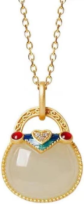 14K Gold Real Natural Jade Enamel Fortune Bag Necklace, Unique Vintage Style Jade Pendant, Delicate Jade Jewelry Gift for Wife's Prosperity