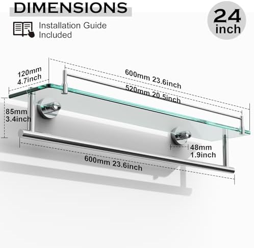 24-Inch Towel Rack with Shelves Tempered Glass Bathroom Shelves with Bar - Image 3