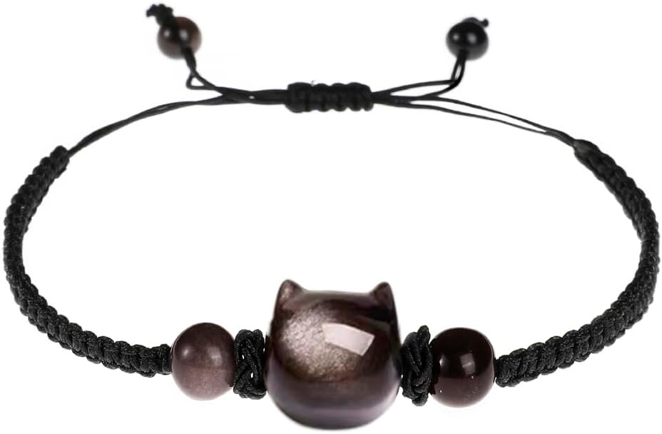Money Attraction Cat Bracelet - Black Obsidian Women Bracelets -Wealth Prosperity Abundance Stone Bead Bracelet, Entrepreneur Business Luck Beaded Bracelets,Spiritual Mood Energy Cute Protection Stretch Bracelet,Health Good Luck Feng Shui Bracelets For...