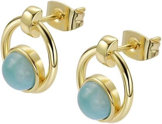 Larimar Stone Stud Earrings for Women, Gold Plated Brass