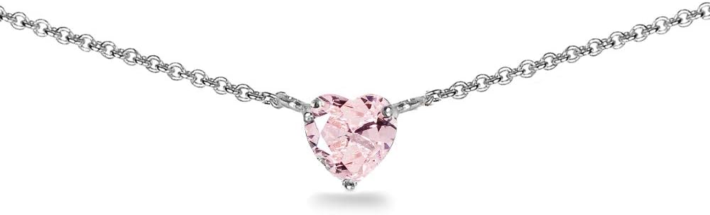 Birthstone Necklace for Women - Genuine or Synthetic Gemstone, 7mm Heart Solitaire, Short Dainty Layered Choker, Silver