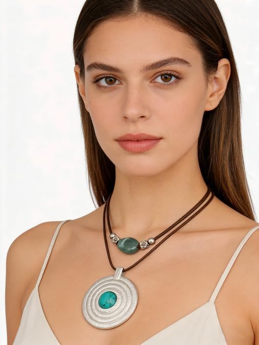 Boho Necklaces for Women Chunky Circle Necklace Layered Boho Circle Leather Choker Necklace Long Vintage Necklaces Bohemian Jewlery Gifts
