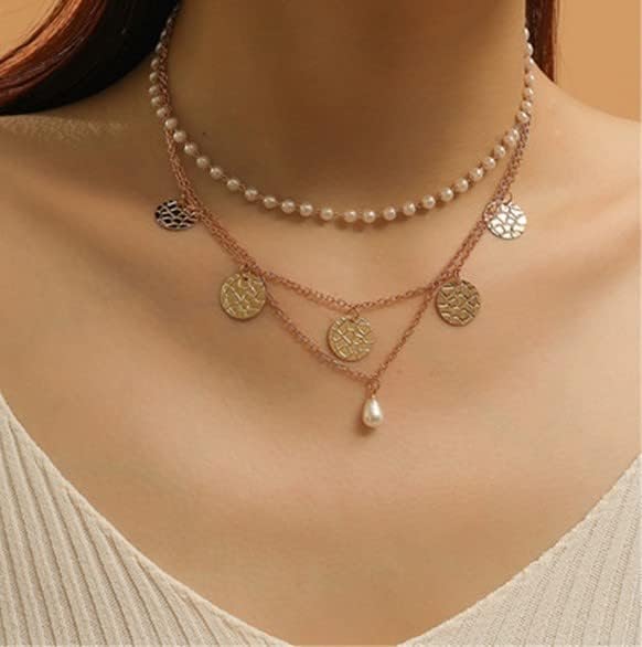 Multi-layered Necklace with Pendant,Gold Layered, Alloy Necklace Round Pearl Necklace Statement Women’s Jewelry Pearl Jewelry Gifts for Women – 14"+2"