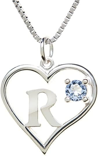 Silver Sterling Necklace Initial Letter A-Z Birthstone for Women – Personalized Custom Jewelry Pendant with Heart Design Customized Dainty Charm for Wife Girlfriend Mom – 18" Box Chain