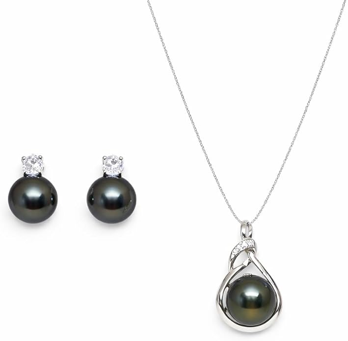 Tahitian Black Pearl Necklace & Earrings Set for Women - Genuine 9-10mm Cultured Tahitian Pearls with Sterling Silver, Premium Gift Box for Anniversary, Birthday, Valentine’s, Mother’s Day