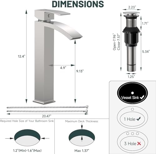 Brushed Nickel Vessel Sink Faucet, Waterfall Bathroom Faucets - Image 2