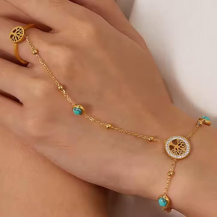 KROSS KULTURE 18K Gold Tree of Life Charm Hand Chain Finger Ring Bracelet with Turquoise Gemstones, Adjustable Dainty Waterproof Hypoallergenic Stainless Steel Fashion Jewelry Gift for Her