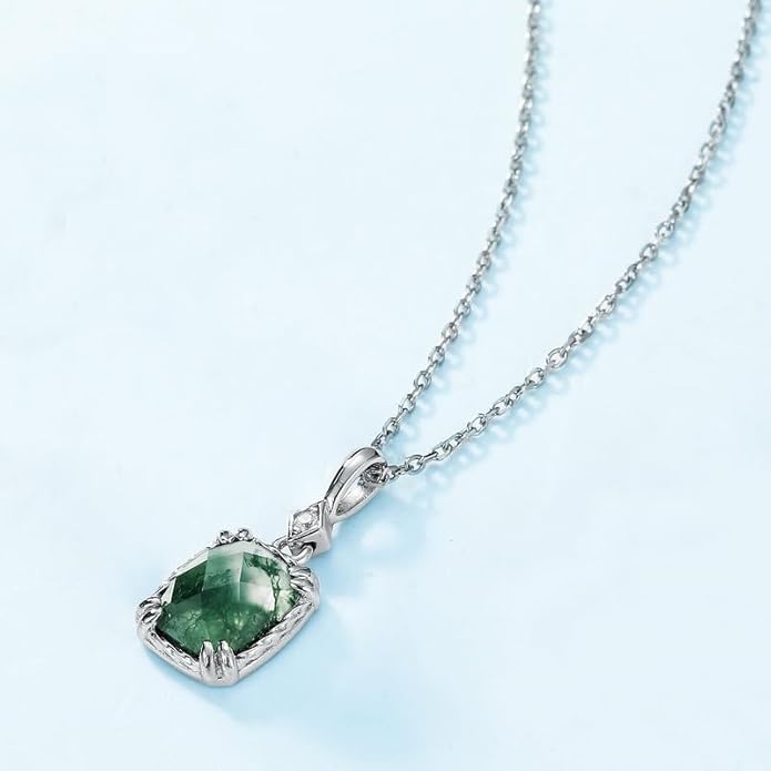 14K Gold Geometric Teardrop Moss Agate Pendant, Vintage Style Collarbone Necklace, Artisan-Crafted Fine Jewelry for Everyday Wear