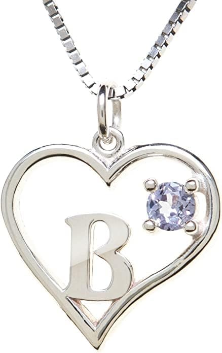 Silver Sterling Necklace Initial Letter A-Z Birthstone for Women – Personalized Custom Jewelry Pendant with Heart Design Customized Dainty Charm for Wife Girlfriend Mom – 18" Box Chain