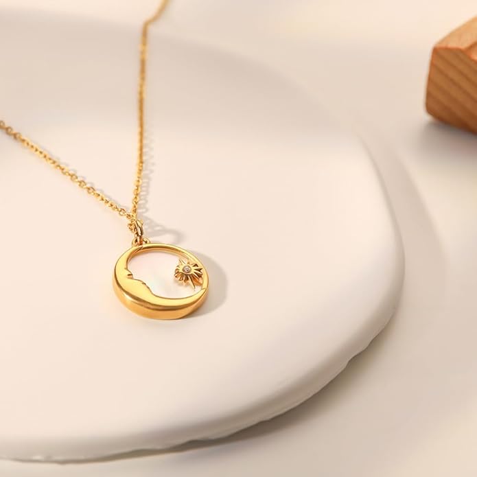 IBARA Women Gold Dianty Necklace Sun Crescent Moon Star Evil Eye Lock Lovely Heart Flower Butterfly Pearl Pendant Coin Necklaces 18K Gold CZ Diamond Filled Chain Boho Beach Simple Handmade Jewelry