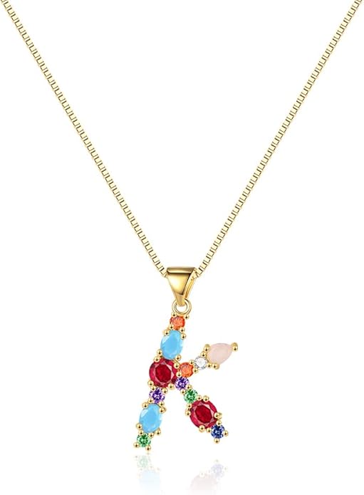 Eben-Ezer 18K Gold Box Chain Choker Initial Necklace Multi-Color Zircon Letter Pendant Script Name Custom Necklace for Women Gift Alphabet 26 A-Z
