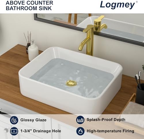 Logmey 19 Inch White Bathroom Vessel Sink 19x15 Inch Large Rectangle Vessel Sink - Image 4