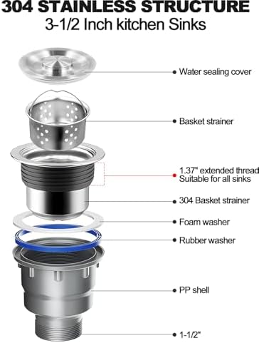3-1/2 ‘’Kitchen Sink Drain Assembly Kit 304 Stainless Steel Sink Strainer Drain - Image 2