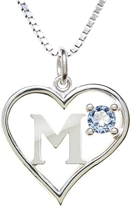 Silver Sterling Necklace Initial Letter A-Z Birthstone for Women – Personalized Custom Jewelry Pendant with Heart Design Customized Dainty Charm for Wife Girlfriend Mom – 18" Box Chain