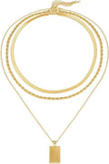 Evabelle Gold Layered Necklace for Women Trendy Jewelry 14K Real Gold Plated Chunky Chain Stackable Necklaces Dainty Choker Necklaces Rectangle Square Pendant