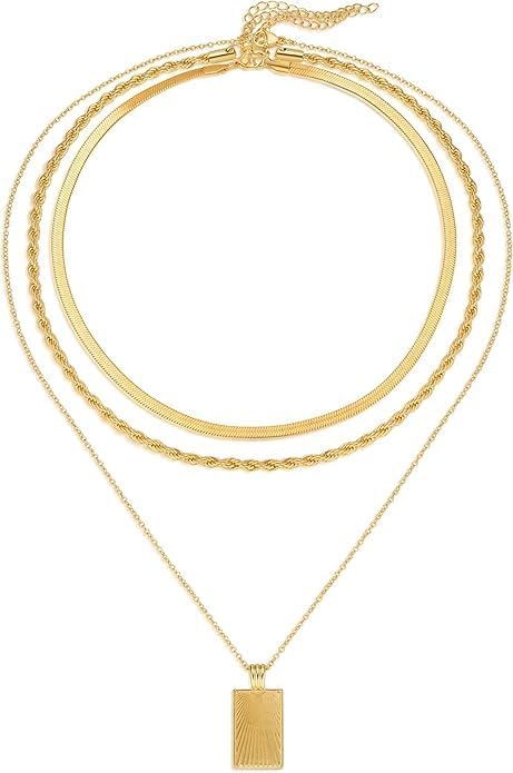 Evabelle Gold Layered Necklace for Women Trendy Jewelry 14K Real Gold Plated Chunky Chain Stackable Necklaces Dainty Choker Necklaces Rectangle Square Pendant
