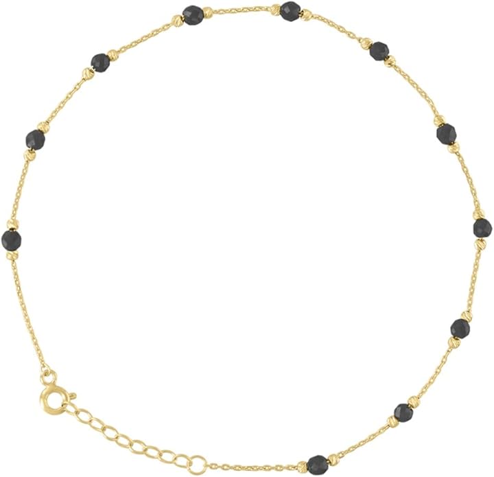 14K Yellow Gold Black Beaded Fashion Link Anklet Size 10 Inches