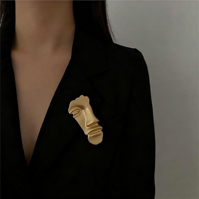 Vintage Minimalist Metal Face Mask Brooch Pin, Gold, Abstract Figure Design, Decorative Fashion Accessory for Men Women