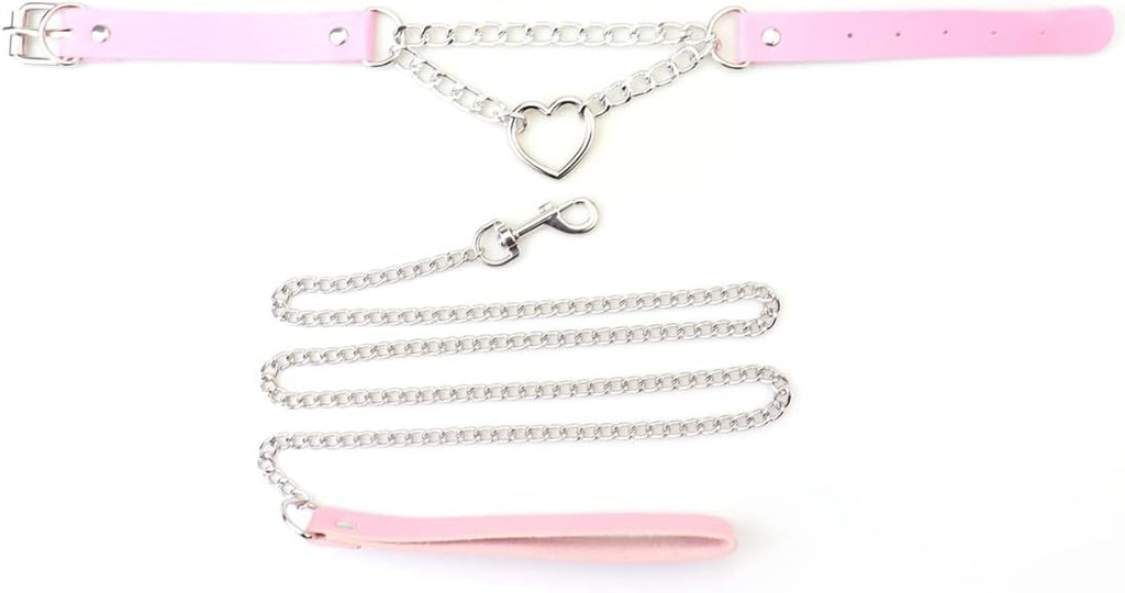 Harajuku Peach Heart Choker Punk Hauling Chain PU Leather Collar Gothic Necklace NightClub Goth Leash Belts