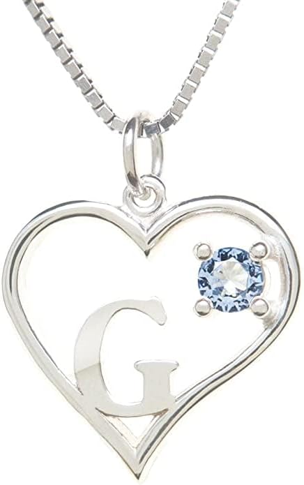 Silver Sterling Necklace Initial Letter A-Z Birthstone for Women – Personalized Custom Jewelry Pendant with Heart Design Customized Dainty Charm for Wife Girlfriend Mom – 18" Box Chain