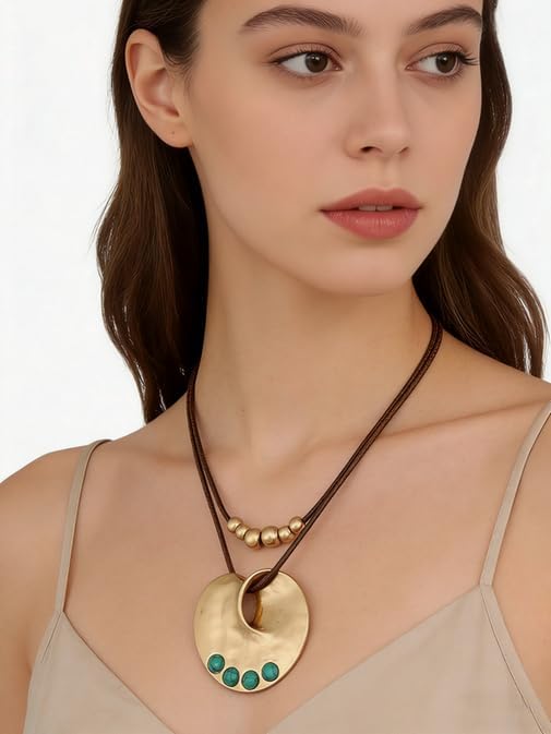 Boho Necklaces for Women Chunky Circle Necklace Layered Boho Circle Leather Choker Necklace Long Vintage Necklaces Bohemian Jewlery Gifts
