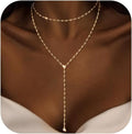 Luxval Lariat Gold Necklace for Women, Dainty Long Necklace 14k Gold Plated/Silver Y-Shaped Pendant Necklaces Trendy Beaded Chain Drop Necklaces Jewelry for Women Gifts